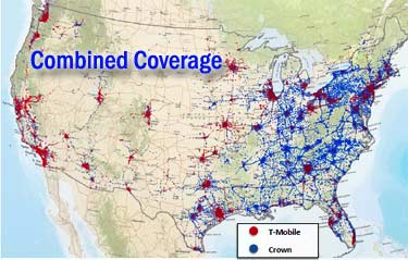 Coverage map of Crown Castle and T-Mobile Towers