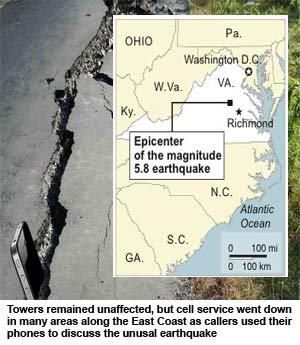 Earthquake spares East Coast cell towers