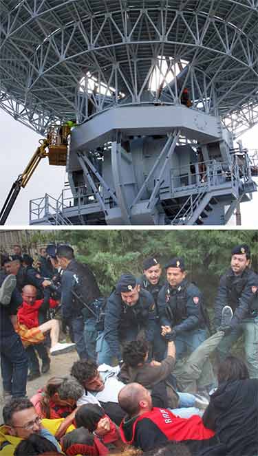 Workers have completed the installation of the three MUOS satellite dishes, but have not tested them. If the U.S. Navy ground station does not become operational, over 25% of the military smartphone-type network will not function.  Italians frequently protest the site and are arrested by police.