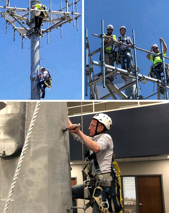 FCC Commissioner Brendan Carr practiced his climbing technique on a training tower inside the new Sioux Fall Tower & Communications Training Center in Sioux Falls, S.D. He then used that training to climb a monopole and appreciate the exacting disciplines required of a tower technician.