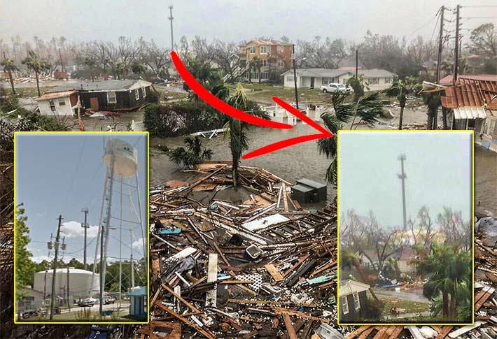 This 153-foot American Tower monopole in Mexico Beach survived Hurricane Michael's 155 mph assault, but a city water tower adjacent to it appears to have collapsed.