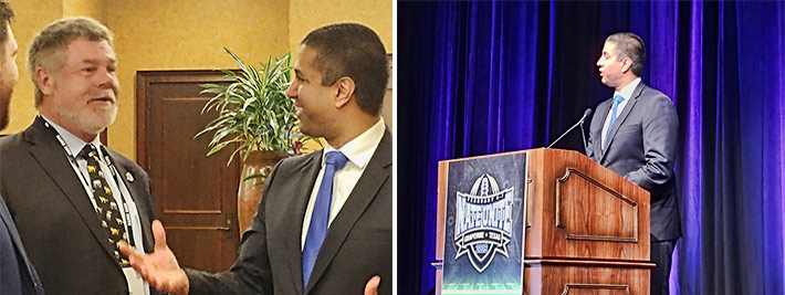 Former NATE Vice-Chairman Jim Miller (left) and FCC Chairman Ajit Pai enjoy a lively conversation prior to Pai's keynote address at NATE UNITE 2019 in Grapevine, Tex.