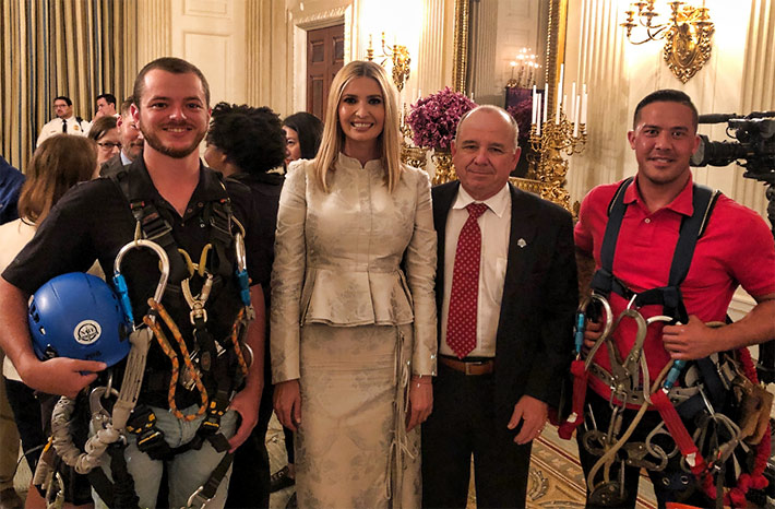 Pictured during the event are: (Left to Right) Cody Jones (Tower & Turbine Technologies LLC), Presidential Advisor Ivanka Trump, NATE Chairman Jimmy Miller and Ky Nguyen (Rio Steel and Tower LTD). At the White House signing ceremony, NATE committed to providing training and professional development opportunities for 10,000 workers over the next five years.