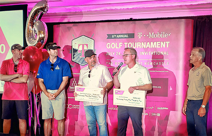 The Tower Family Foundation and Warriors4Wireless were beneficiaries of the successful T-Mobile tournament supported heavily by industry businesses. Pictured from left to right are: 