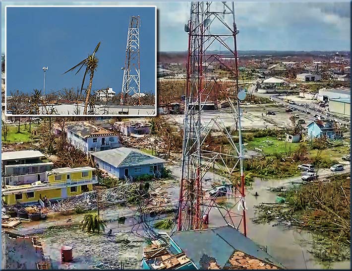 Hurricane Dorian, crippled the power grid and many cell towers. The self supporting tower above had top sections sheared off, almost landing on a home below it while the monopole at left in the inset remained standing.