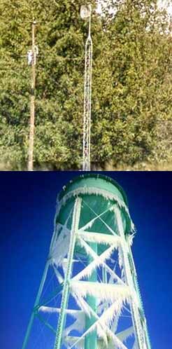 Although ISP technicians will oftentimes work at lower heights such as on the above 20-foot structure that the tech was on yesterday evening when he was severely shocked, to an iced over water tower that he or one of his co-workers at Surf Air Wireless had to climb in order to fix an outage in February.