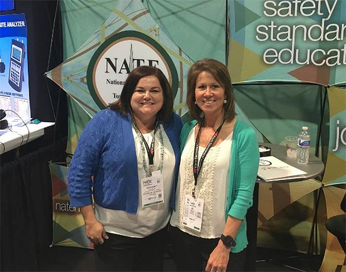 NATE Chief Operating Officer Paula Nurnberg, at right, and Nevada State Wireless Association Board Member Margaret Cefalu were at NATE’s exhibit booth at the exposition where NATE’s new technology membership category was announced.