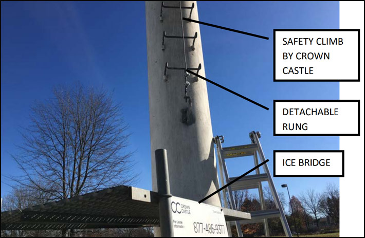 The church bell tower had removable climbing pegs without a safety climb that was added later when Crown Castle managed the tower. Photo: Forensic
