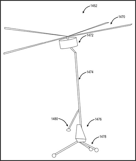 In this fully detailed and highly technical drawing in the patent application of the tower climber’s personal propulsion drone, “the drone 1452 includes a single set of rotors 1470 connected to a motor 1472 which connects to a support member 1474 which extends for a distance and connects to a base 1476. The base 1476 can support maintenance personnel through harnesses, a vest, or a seat. The base 1476 can connect to landing members 1478 which support the drone 1452 on the ground. A control system 1480 extends from the support member 1474 for control of the drone.”