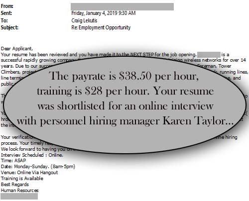 Wireless Estimator's publisher, without providing a resume or identifying the position he was seeking, received a higher hourly offer than another intended victim who was offered $35.00.