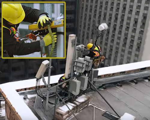 Tower technicians make final antenna alignments prior to Sprint’s drive testing in Chicago. The carrier said is now on the air in certain locations, marking a major milestone for the commercialization of 5G using 2.5 GHz and Massive MIMO.