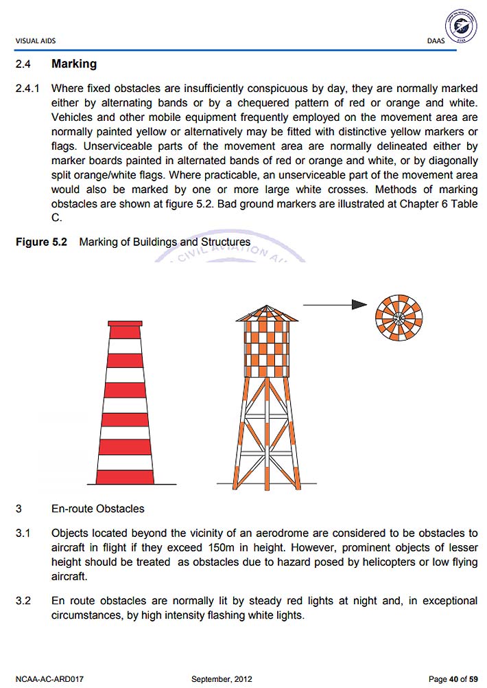 Nigeria's marking and lighting regulations for structures outside of 9.32 miles from an airport are fully explained in a half -page regulation