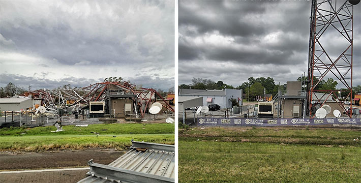 BEFORE AND AFTER - Hurricane Laura yesterday morning collapsed the Lake Charles, Louisiana broadcast tower of CBS