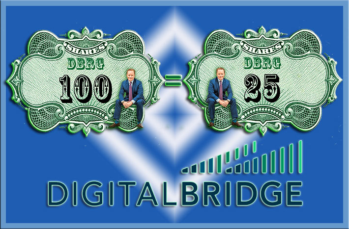 DigitalBridge Group announced a 1 for 4 reverse stock split where investors will see their shares reduced by three quarters this quarter. However, the investment total will remain the same. CEO Marc Ganzi said 