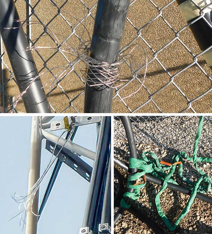 It's possible that a hoisting grip that came pre-installed on a Huber+Suhner hybrid cable for a Verizon installation in Weatherford, TX failed, resulting in the death of a 32-year-old tower technician. The sheared grip can be seen still attached to the cable in the top photograph. The grip can also be seen securely attached to the structure after it failed (bottom left). As identified in the bottom right photo, the HCS cable was hoisted up using a crane and a green hoisting sling. The sling was later cut in order to release the cable from the technician and transfer him to the crane basket and bring him down to the ground to be treated by EMS personnel.