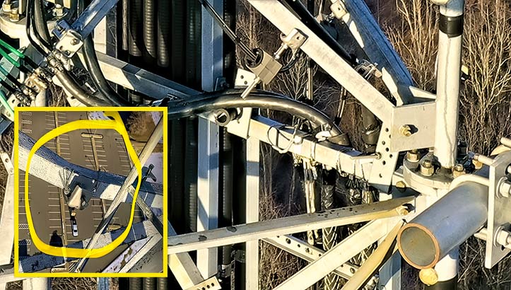 The advisory, available here, identifies (above) improperly wire mesh grips (WMG) attached to a horizontal member that caused a deformation of that angle. In the inset photograph, the structure did not have a specific engineered and/or manufactured attachment point for grips. As a result, the WMGs were attached in locations incapable of supporting the point load of the cable.