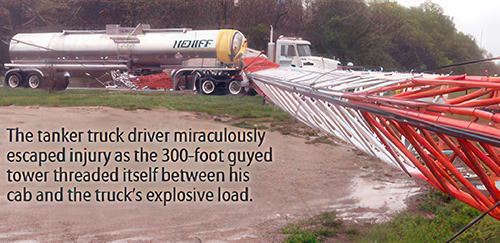 AT THE NEXT TRUCK STOP, this tanker truck driver likely changed his drawers and purchased lottery tickets. On May 7, 2008, a tanker truck driver was heading down a busy four-lane road in Woodridge, IL, during morning rush hour, not knowing that a car had just crashed into a guy anchor of a Crown Castle 300-foot tower and it was heading in his direction. Miraculously, he wasn’t injured when the tower crashed behind his cab and tank that was carrying a highly flammable chemical, benzene.