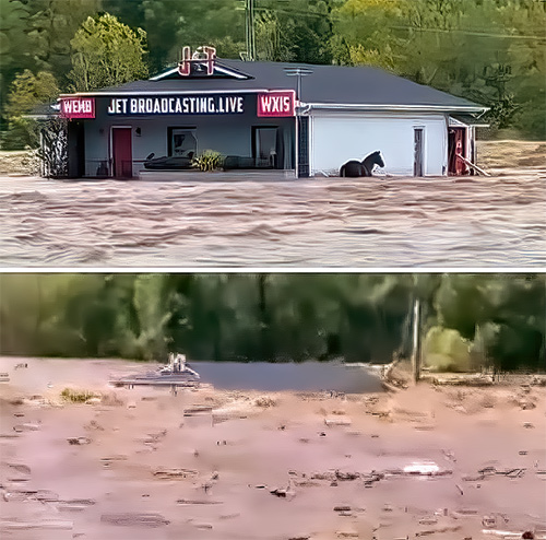 A Tennessee FM station's studio was completely submerged as it's tower fell. Sadly, a horse that was trapped alongise the facility was swept away and hasn't been recovered.