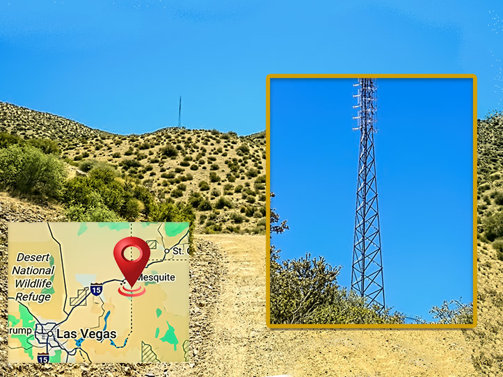 American Tower site in Cabin Canyon, Nevada, where Radio Activo leases space for its broadcast equipment. A federal judge has temporarily barred dismantling the tower while the lawsuit proceeds; power to the site remains shut off pending a Sept. 2 hearing.