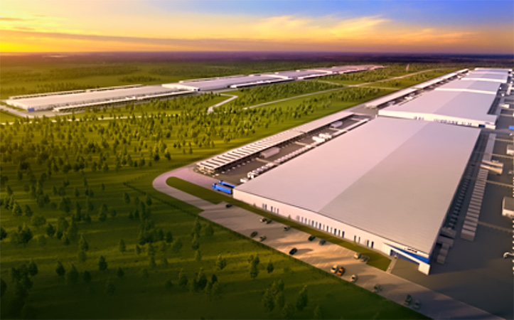 Rendering of Vantage Data Centers’ new “Frontier” campus in Shackelford County, Texas, showing the first phase of the multi-building complex with data halls, support facilities, cooling infrastructure, and campus roadways planned across the roughly 1,200-acre site.