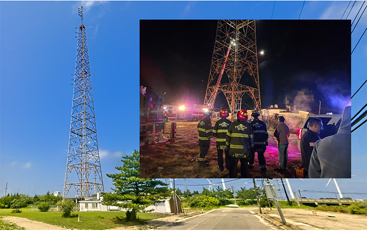 Crews gather at the base of the broadcast tower in Atlantic City where a tower technician fell to his death yesterday while performing maintenance work. The nighttime inset shows firefighters and emergency personnel staging a rescue attempt moments after the incident, but the worker succumbed to his injuries at the scene, marking the latest fatality in an industry where elevated work continues to present significant risks.